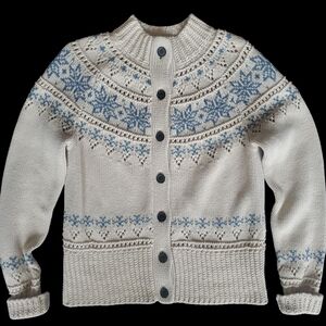 L.L. Bean Signature Cotton Fisherman Cream and Blue Women's Cardigan
